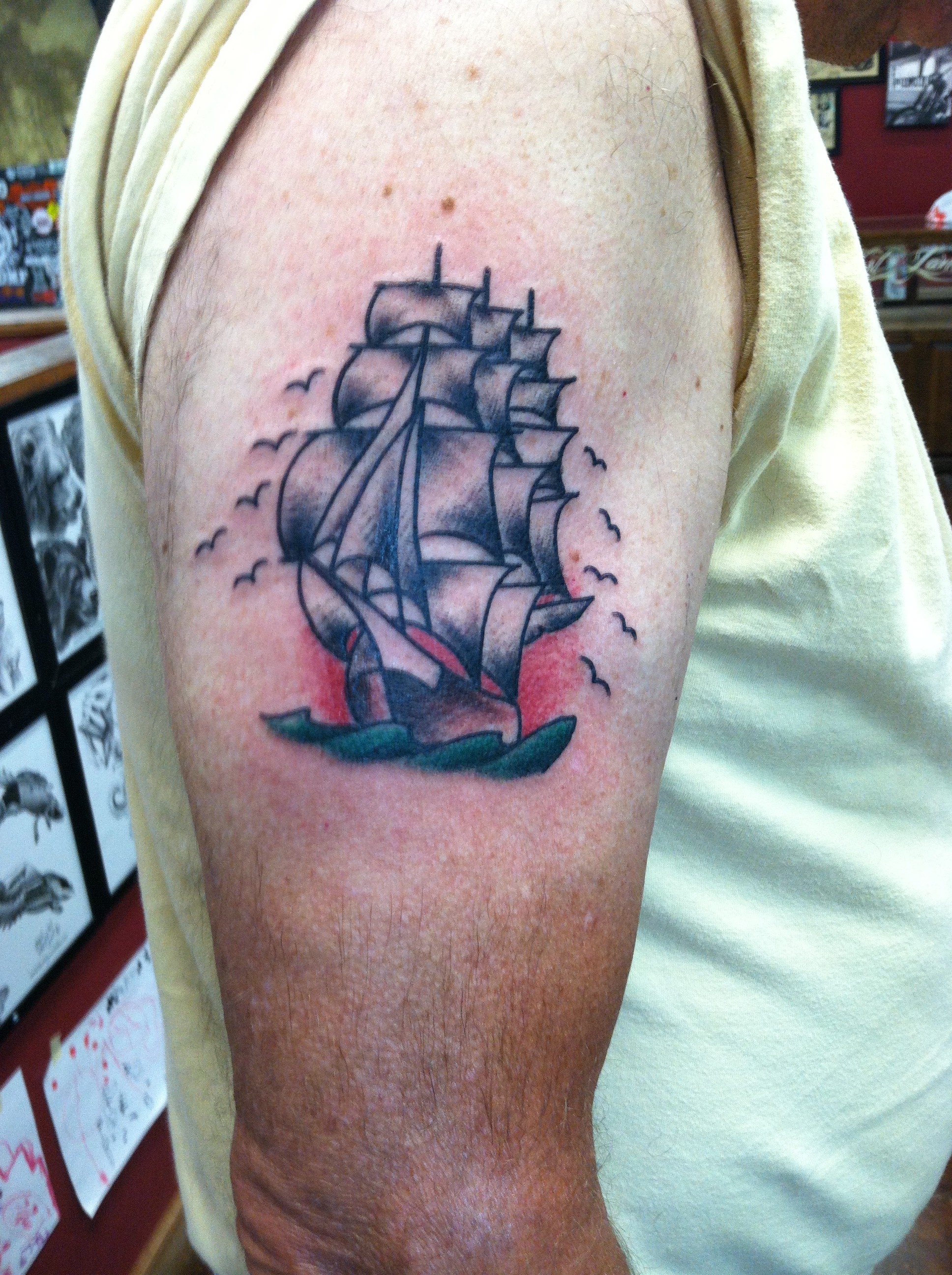 american traditional ship tattoo